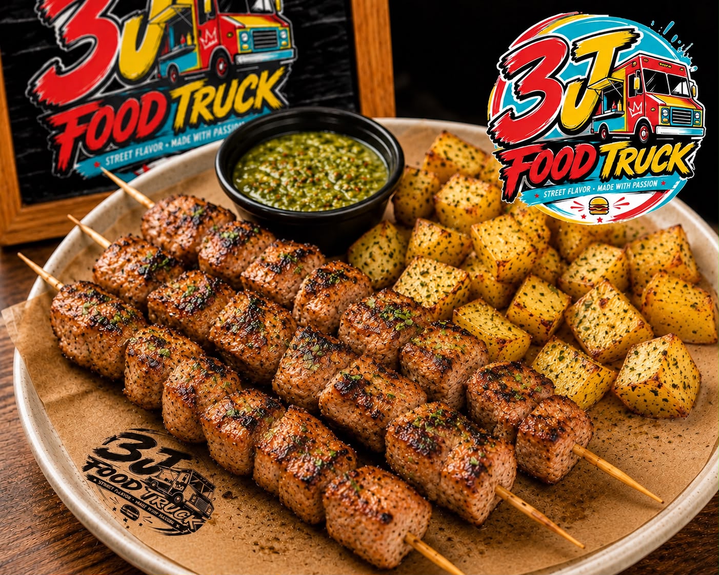Pinchos mixtos con papas sazonadas